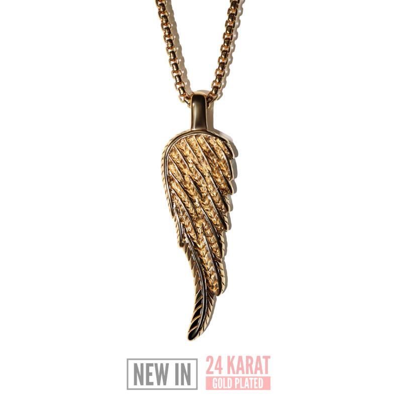 Gold Wing Necklace - Our 24KT Gold Plated Angel Wing Necklace features our Signature Angel Wing Pendant and Box Chain. The Perfect statement piece for any wardrobe.